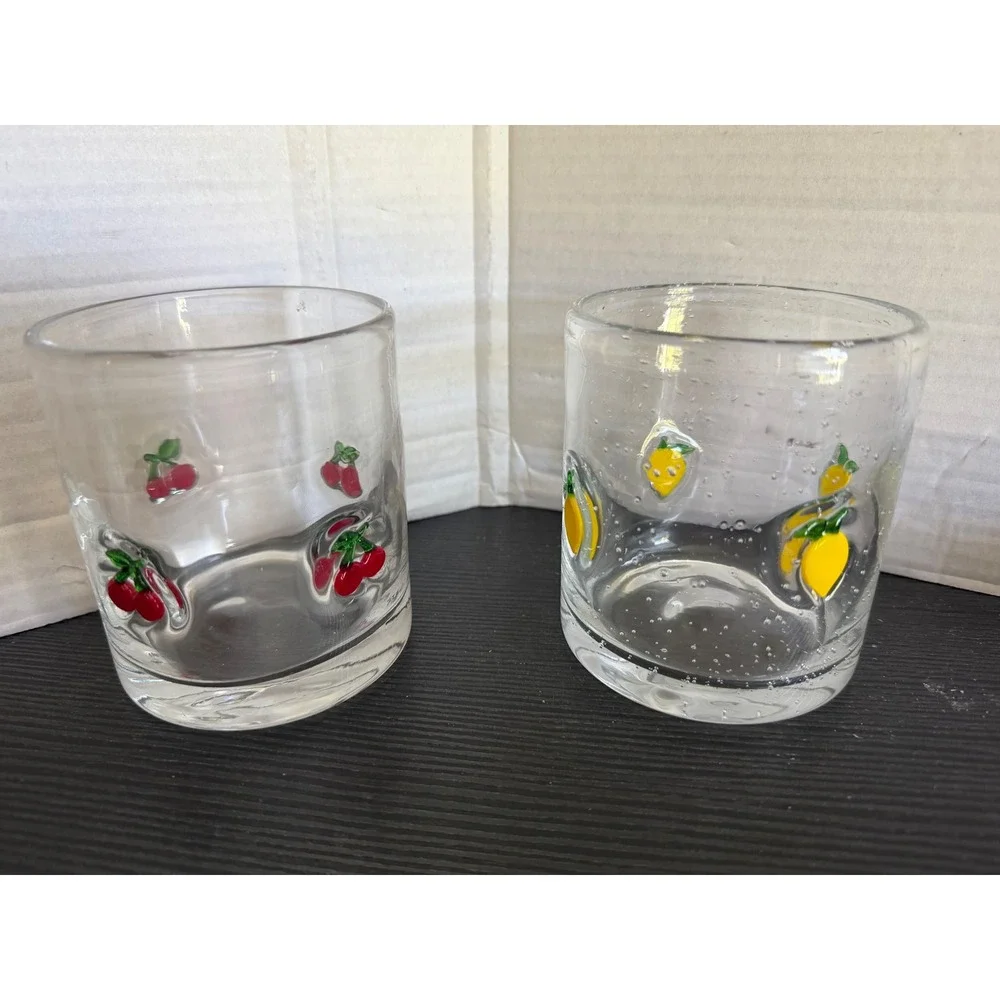Vtg Style Fruit Juice Glasses Set of 2 Cherry Lemon Raised Design Clear Glass
